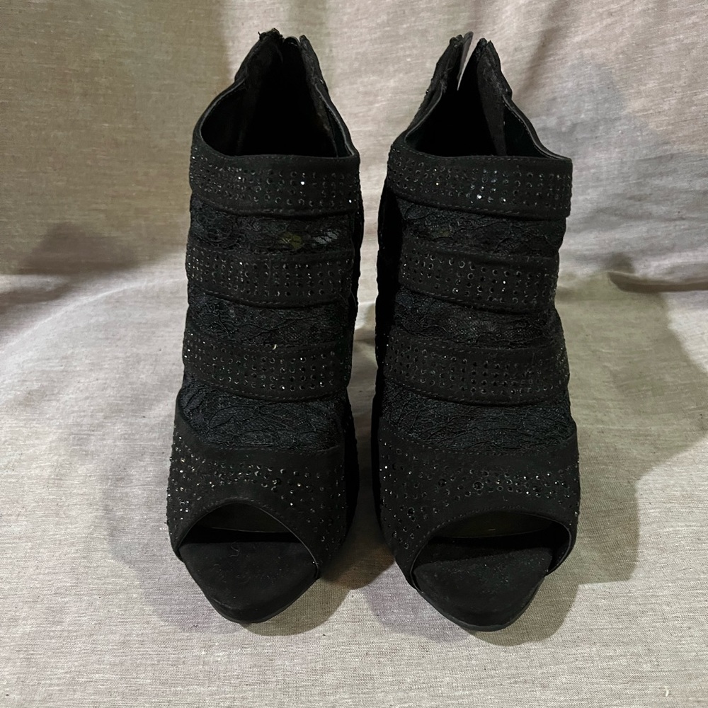 Black lace peel toe booties